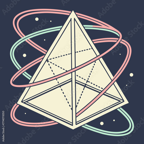 Abstract geometric pyramid shape with orbiting pastel rings and dots against a dark blue background representing space or a digital concept