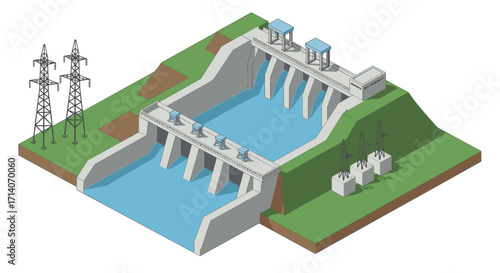 Isometric hydroelectric power plant with water reservoir and power lines