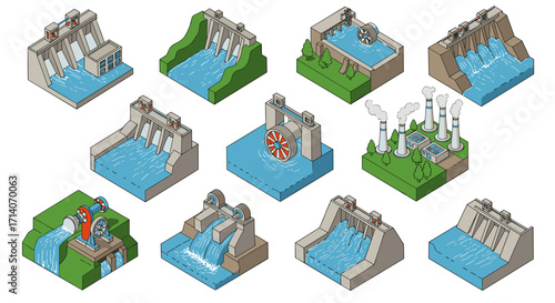 Hydroelectric power generation isometric concepts with water flow and energy infrastructure