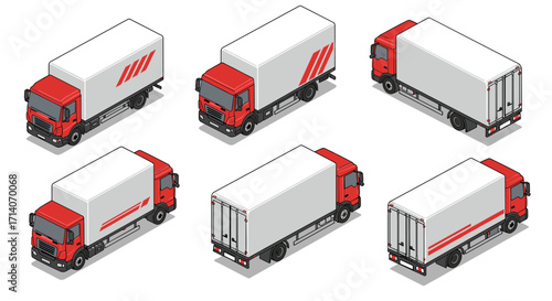 Isometric delivery trucks set with various angles and red accents