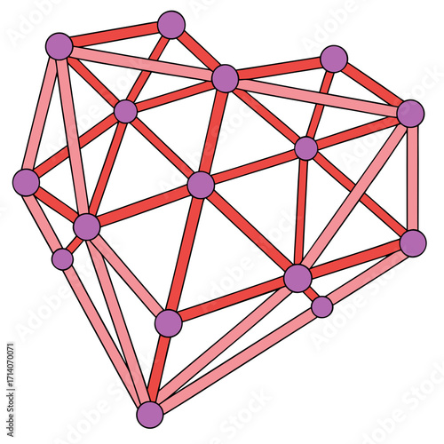Abstract geometric network of interconnected purple nodes and red lines representing a complex system of connections and data flow