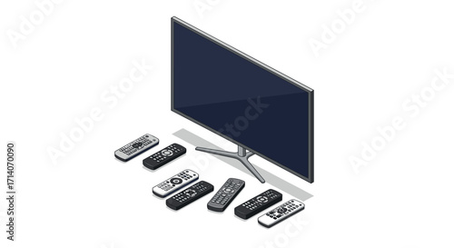 Isometric smart tv and remote controls on white background