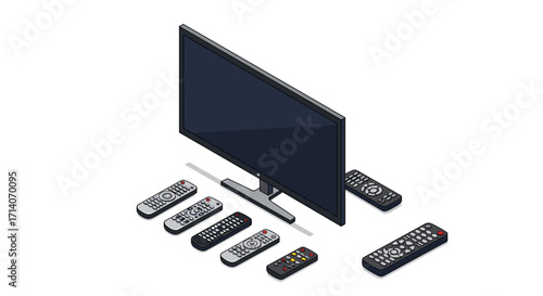 Modern isometric flat screen tv and remote controls on white background