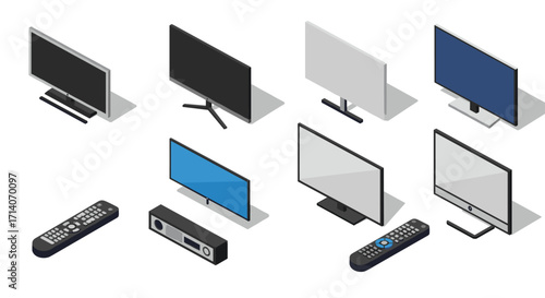 Isometric home entertainment set with tvs and remote controls