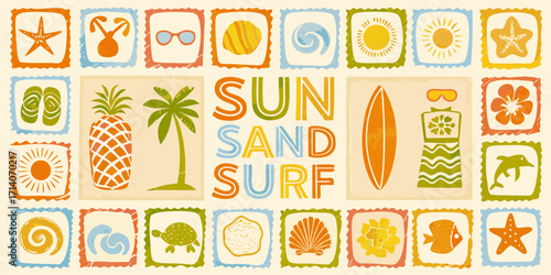 Retro sun sand surf summer beach vacation collage with tropical icons and beach elements