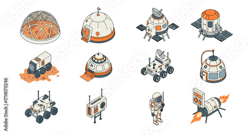 Isometric space exploration set with robots and astronaut in futuristic environment