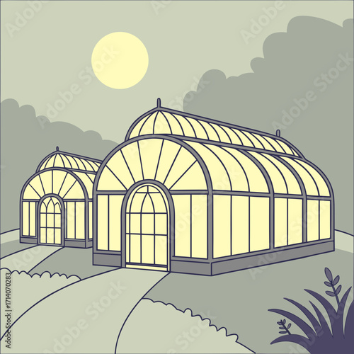 Classic victorian glasshouses with arched windows and domed roofs stand on a gentle hill under a pale moon and cloudy sky