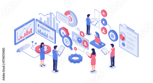 Isometric team analyzing data with graphs and charts in a digital workspace