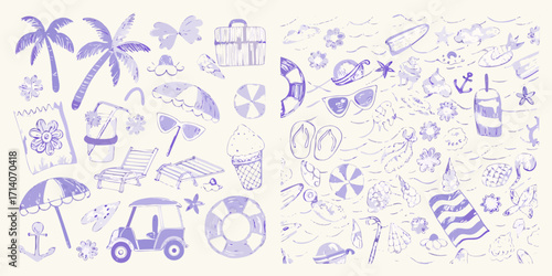 Collection of hand drawn purple summer vacation and beach icons in a whimsical doodle style