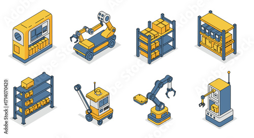 Industrial isometric icons: robotics and warehouse automation in manufacturing