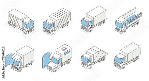 Isometric truck variations set: line art of delivery, cargo, and specialty vehicles