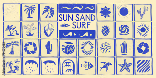 Retro sun sand surf collage featuring tropical beach icons and summer vibes