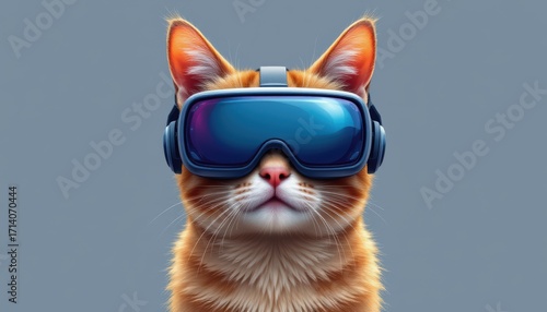 create an illustration of a cat wearing virtual reality goggles, the cat should be positioned at the top of the image, under pure brightness