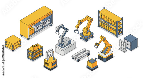 Isometric warehouse automation with robots and conveyor systems