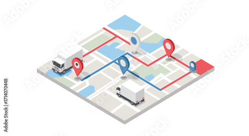 Isometric map with delivery trucks and location pins for logistics and navigation