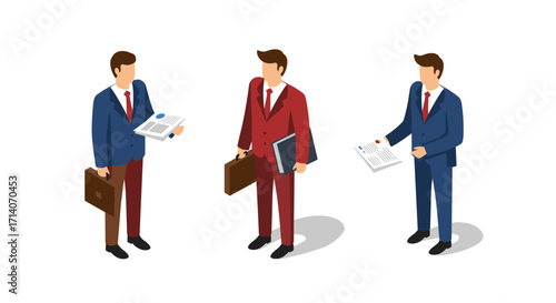 Isometric business professionals in suits holding briefcases and documents