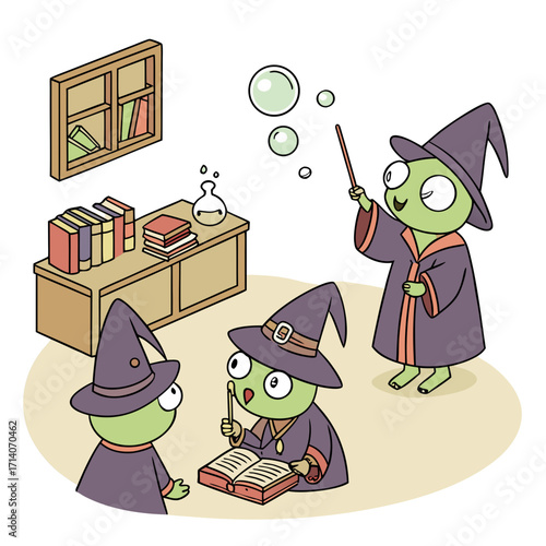 Cute cartoon green wizards in purple robes and hats practicing magic spells with wands and spellbooks in a cozy room with bubbling potions and books