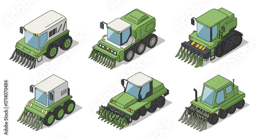 Six isometric combine harvesters with green tones on white background