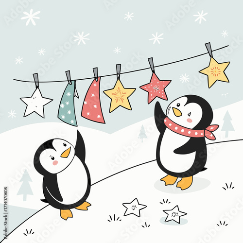Cute cartoon penguins hanging festive star decorations and patterned fabric on a clothesline in a snowy winter landscape with falling snowflakes