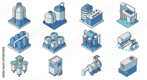 Isometric industrial equipment icons set for manufacturing and processing
