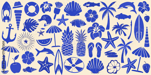 Vibrant blue tropical summer beach icons and symbols collection on cream background