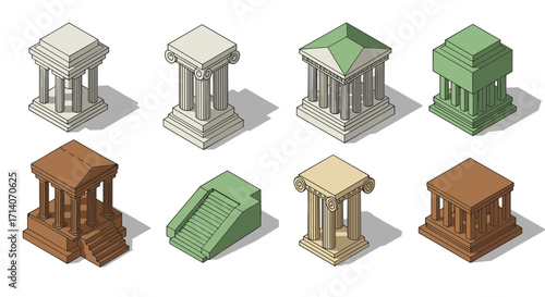 Isometric set of ancient pillar buildings in various architectural styles