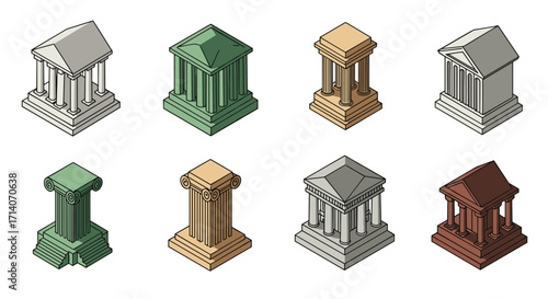 Isometric greek and roman column designs in varied colors and styles