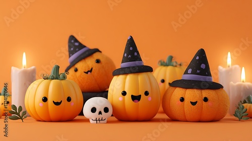 Adorable pumpkins with friendly spooky grins, small skulls, candles, and witch hats on orange