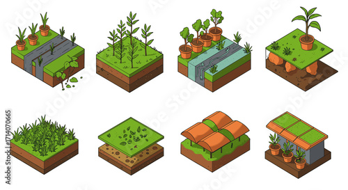 Isometric garden plots and potted plants collection for landscaping projects
