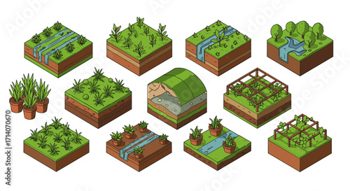 Isometric garden designs with greenery and water features in 3d style