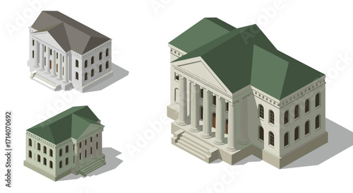 Classic government building set with isometric perspective and diverse roof designs