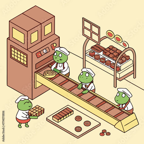 Cute green cartoon characters working on a conveyor belt at a whimsical bakery production line creating delicious baked goods