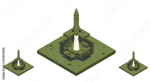 Isometric missile launch: military base scene with rocket and concrete platform