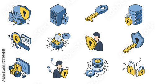 Isometric cybersecurity icons with data protection and network security elements