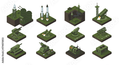 Isometric military installations: rockets, radar, and artillery designs in green tones