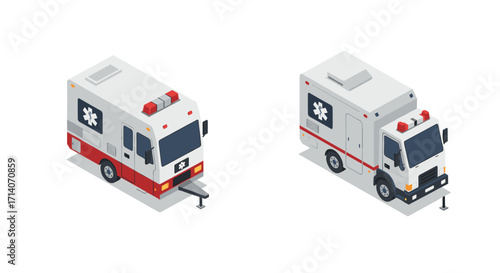 Isometric ambulance vehicles on white background with emergency icons