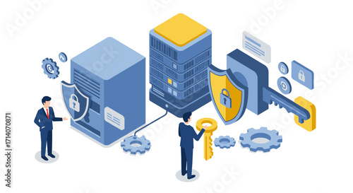 Isometric data security concept with servers and business professionals