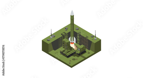 Isometric military missile launch site with rocket and radar system