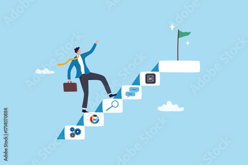 Upskill or reskill to improve self development for career success, learning course or develop new skill, employee growth or progress, businessman walk up new skill stair to reach career success.