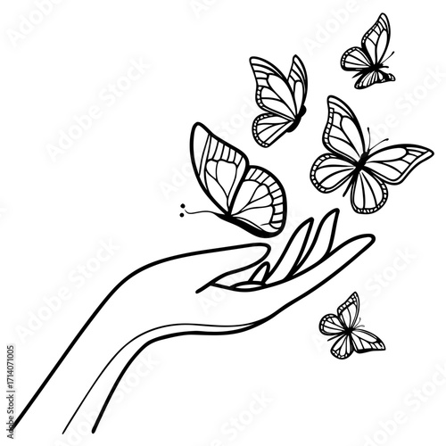 Elegant minimalist line art illustration of a delicate open hand releasing a flock of beautifully patterned butterflies into the air