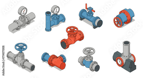 Isometric industrial pipe system with valves and gauges