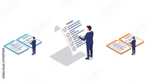 Isometric businessman with checklist document for task management concept