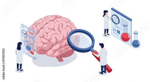 Isometric brain research concept with scientists analyzing data and experiments