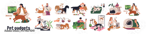 Pet care gadgets set. Digital devices, automation technologies, accessories for animal owners. Automatic feeder, tracker, camera for cats, dogs. Flat vector illustration isolated on white background.