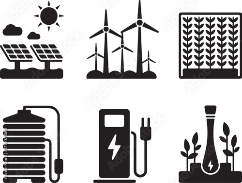 Sustainable energy icons: solar, wind, crops, battery, EV