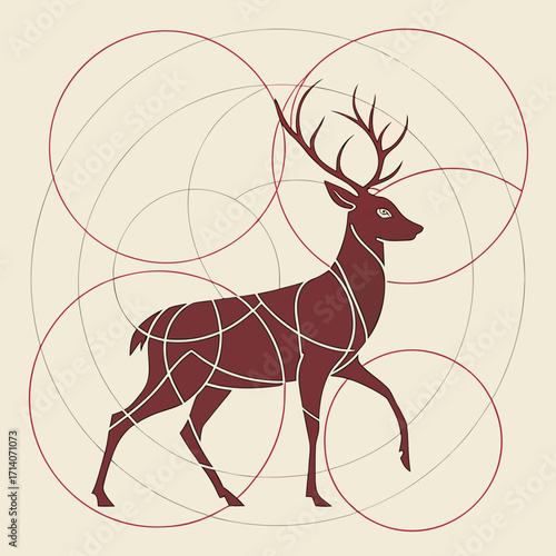 Elegant stylized stag with majestic antlers walks gracefully amidst a backdrop of intricate geometric circular patterns and lines in a refined art nouveau style