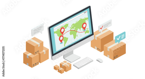 Global shipping concept with computer displaying worldwide delivery network and moving boxes