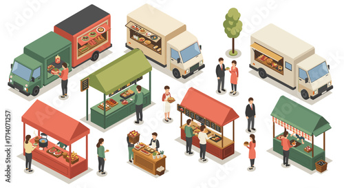 Isometric market scene with diverse food trucks and stalls in park setting