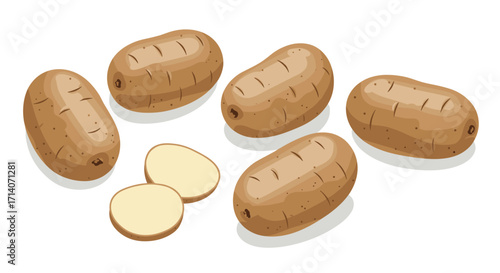 Realistic potatoes with whole and sliced variations on white background