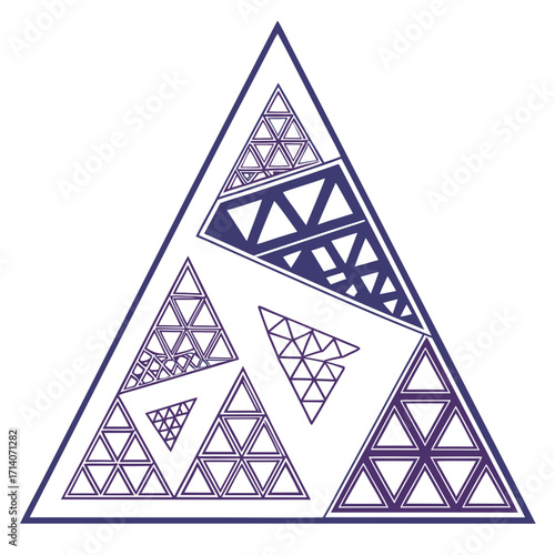 Intricate geometric abstract design featuring a large triangle filled with smaller nested triangles and geometric patterns in shades of deep blue and purple
